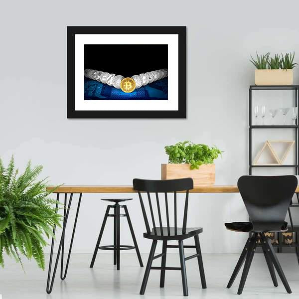 Golden Bitcoin On Front Panoramic Canvas Wall Art-1 Piece-36" x 12"-Tiaracle