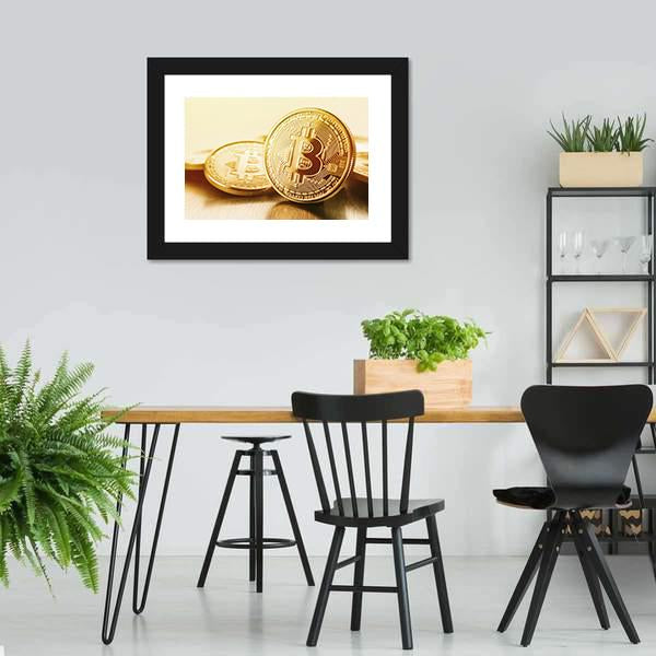 Golden Bitcoins Canvas Wall Art-3 Horizontal-Gallery Wrap-25" x 16"-Tiaracle