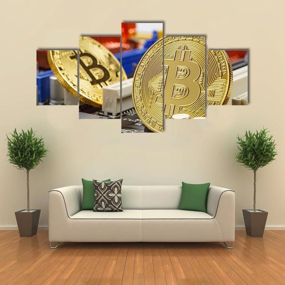 Golden Bitcoins On Motherboard Canvas Wall Art-5 Star-Gallery Wrap-62" x 32"-Tiaracle