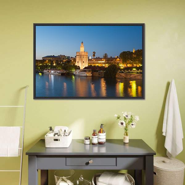 Golden Tower In Seville Canvas Wall Art-1 Piece-Floating Frame-24" x 16"-Tiaracle