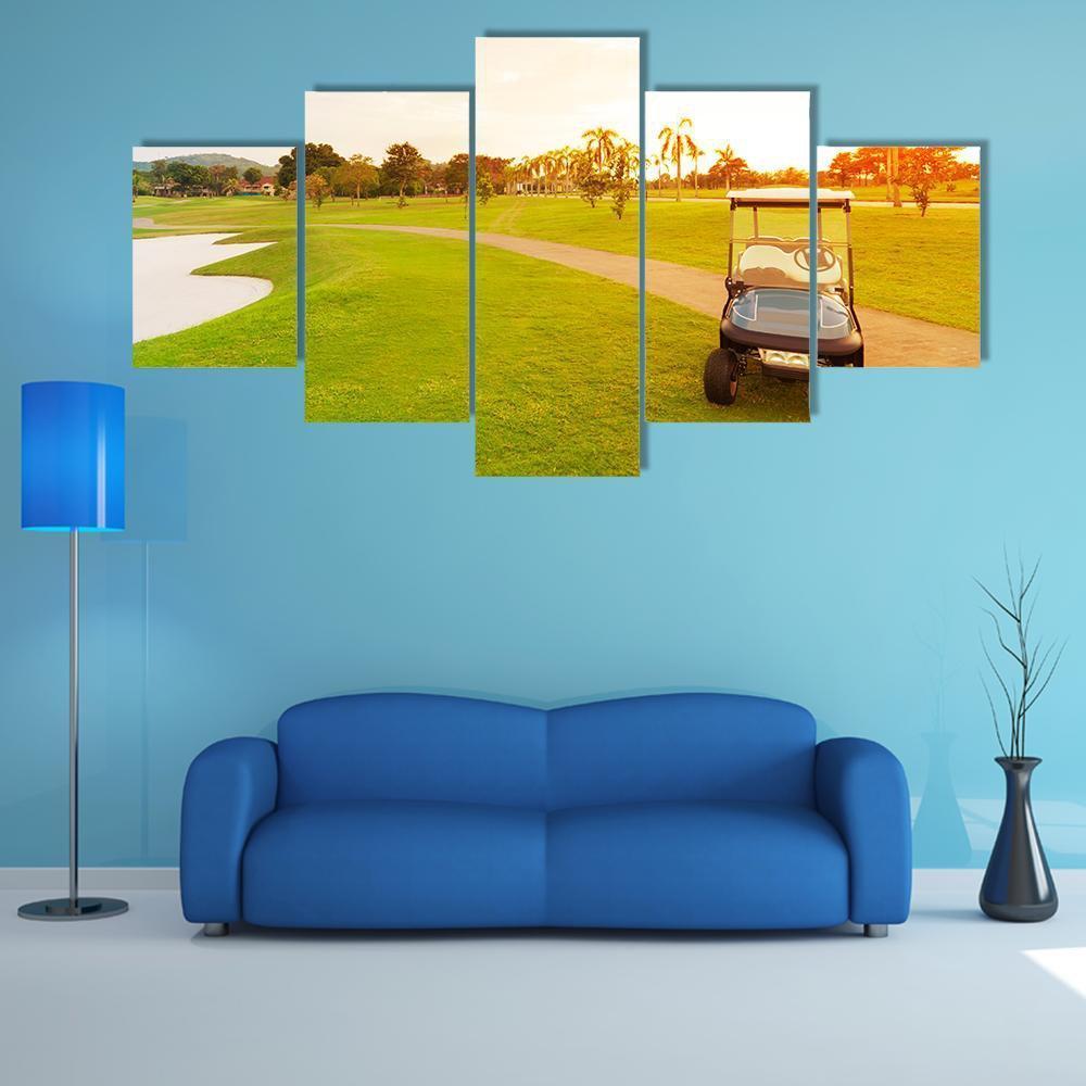Golf Car With Sunset Canvas Wall Art-5 Star-Gallery Wrap-62" x 32"-Tiaracle