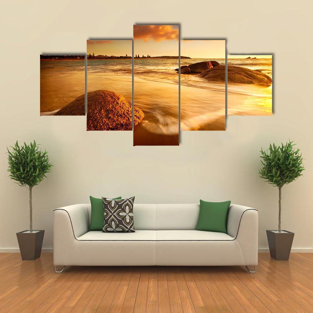 Gorgeous Sunrise On Australian Beach Canvas Wall Art-5 Star-Gallery Wrap-62" x 32"-Tiaracle
