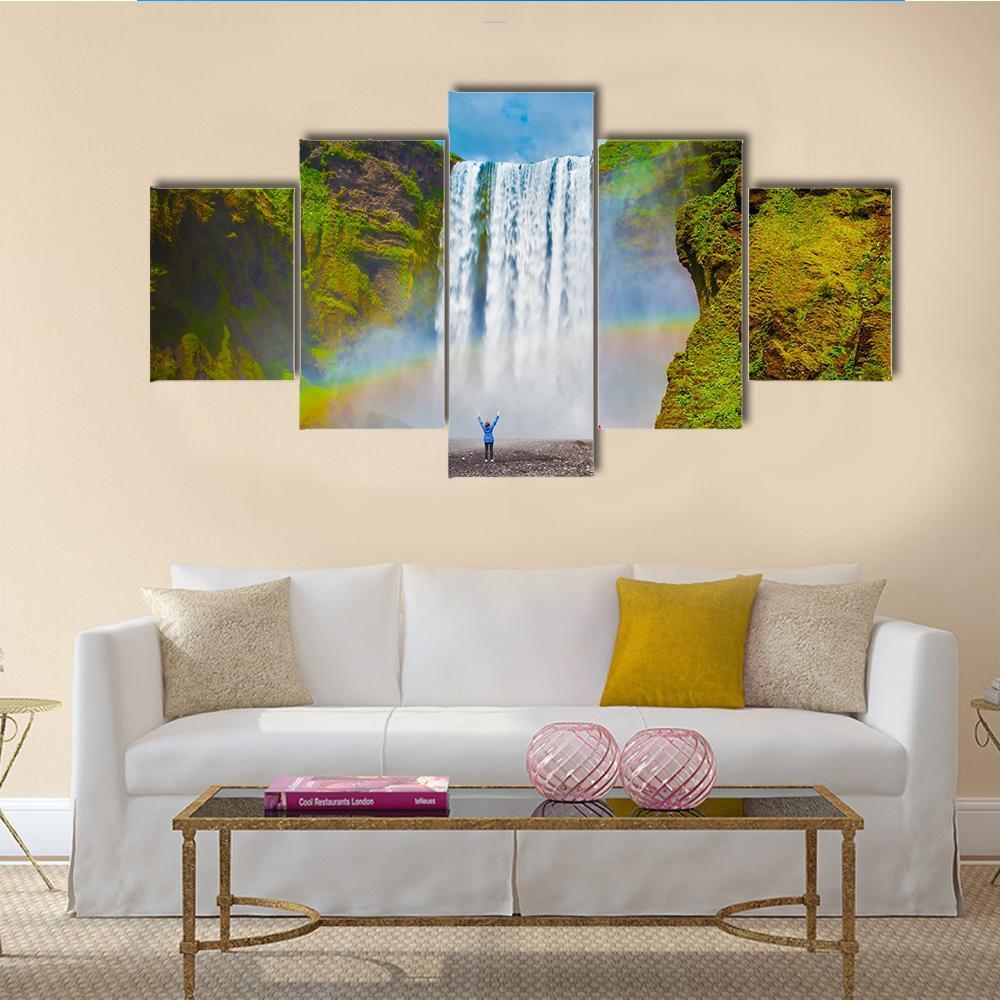 Grand Waterfall In Iceland Canvas Wall Art-5 Star-Gallery Wrap-62" x 32"-Tiaracle