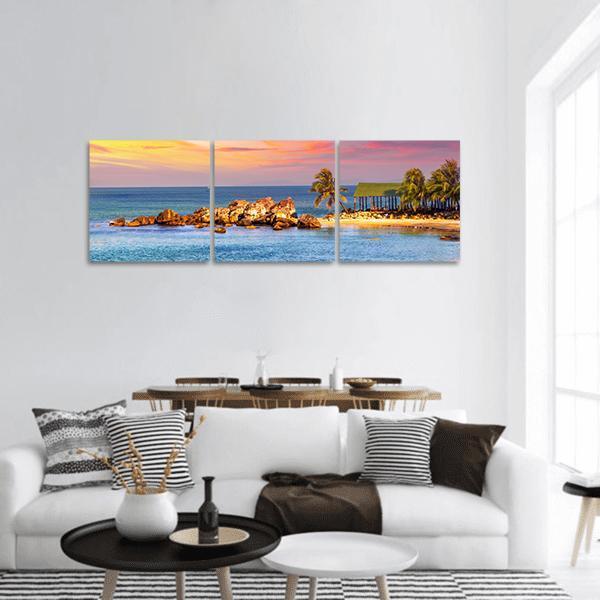 Sunrise Tropical Landscape Sea Panoramic Canvas Wall Art-3 Piece-25" x 08"-Tiaracle