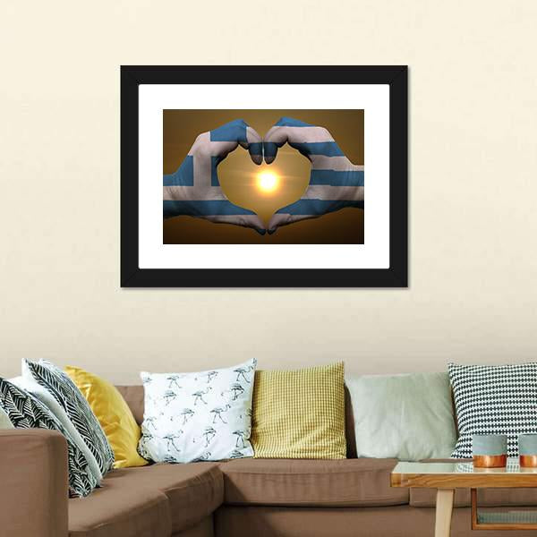 Greece Flag On Hands Canvas Wall Art-3 Horizontal-Gallery Wrap-25" x 16"-Tiaracle