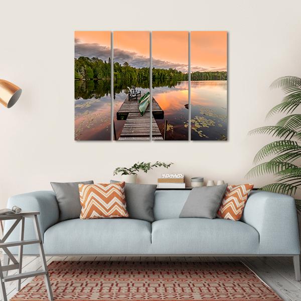Green Canoe & Chairs On Lake Canvas Wall Art-4 Horizontal-Gallery Wrap-34" x 24"-Tiaracle