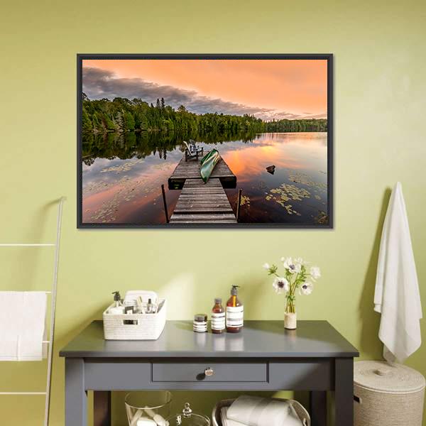 Green Canoe & Chairs On Lake Canvas Wall Art-1 Piece-Floating Frame-24" x 16"-Tiaracle
