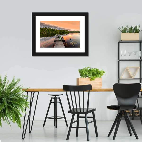 Green Canoe & Chairs On Lake Canvas Wall Art-3 Horizontal-Gallery Wrap-25" x 16"-Tiaracle
