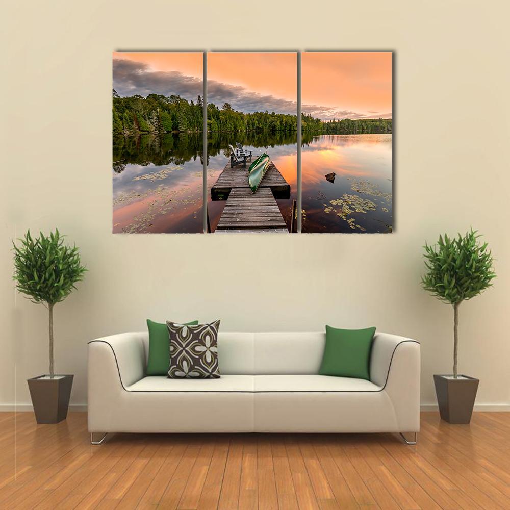 Green Canoe & Chairs On Lake Canvas Wall Art-3 Horizontal-Gallery Wrap-37" x 24"-Tiaracle