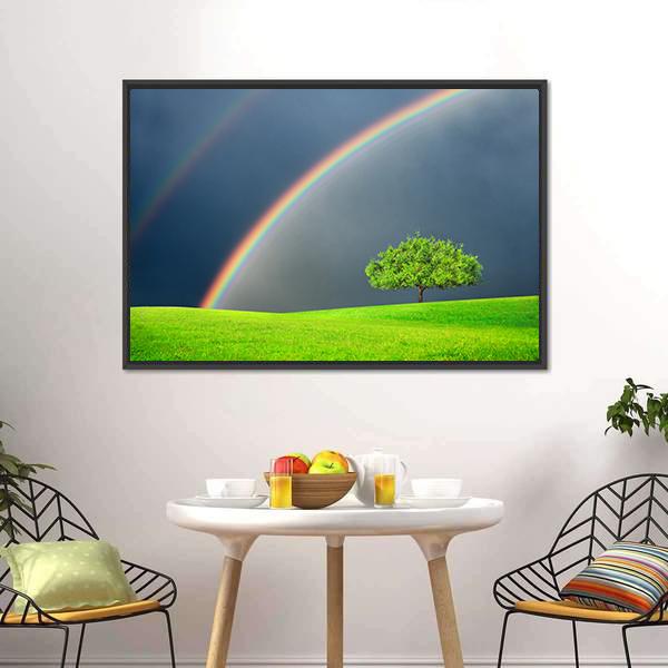 Green Field Tree & Rainbow Canvas Wall Art-5 Horizontal-Gallery Wrap-22" x 12"-Tiaracle