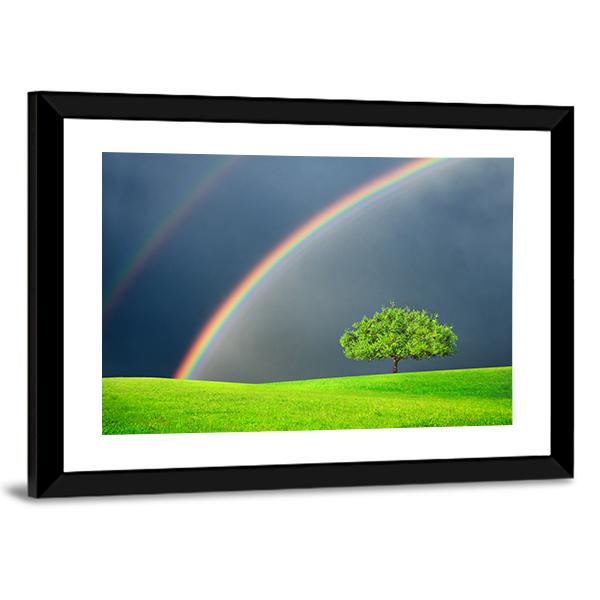 Green Field Tree & Rainbow Canvas Wall Art-5 Horizontal-Gallery Wrap-22" x 12"-Tiaracle
