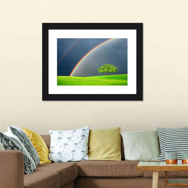 Green Field Tree & Rainbow Canvas Wall Art-5 Horizontal-Gallery Wrap-22" x 12"-Tiaracle