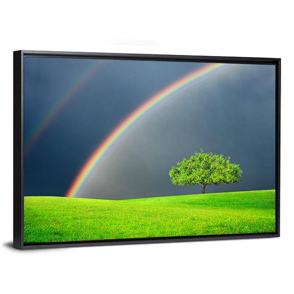 Green Field Tree & Rainbow Canvas Wall Art-5 Horizontal-Gallery Wrap-22" x 12"-Tiaracle