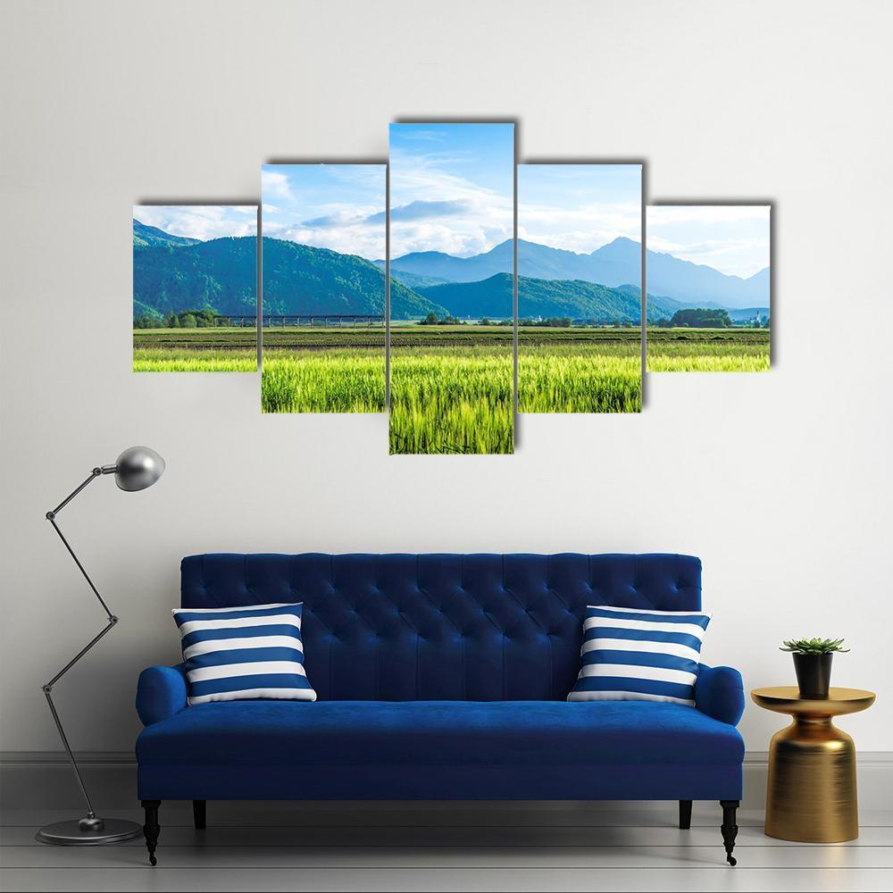 Green Field With Mountain Canvas Wall Art-5 Star-Gallery Wrap-62" x 32"-Tiaracle