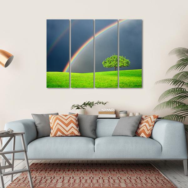 Green Field Tree & Rainbow Canvas Wall Art-4 Horizontal-Gallery Wrap-34" x 24"-Tiaracle