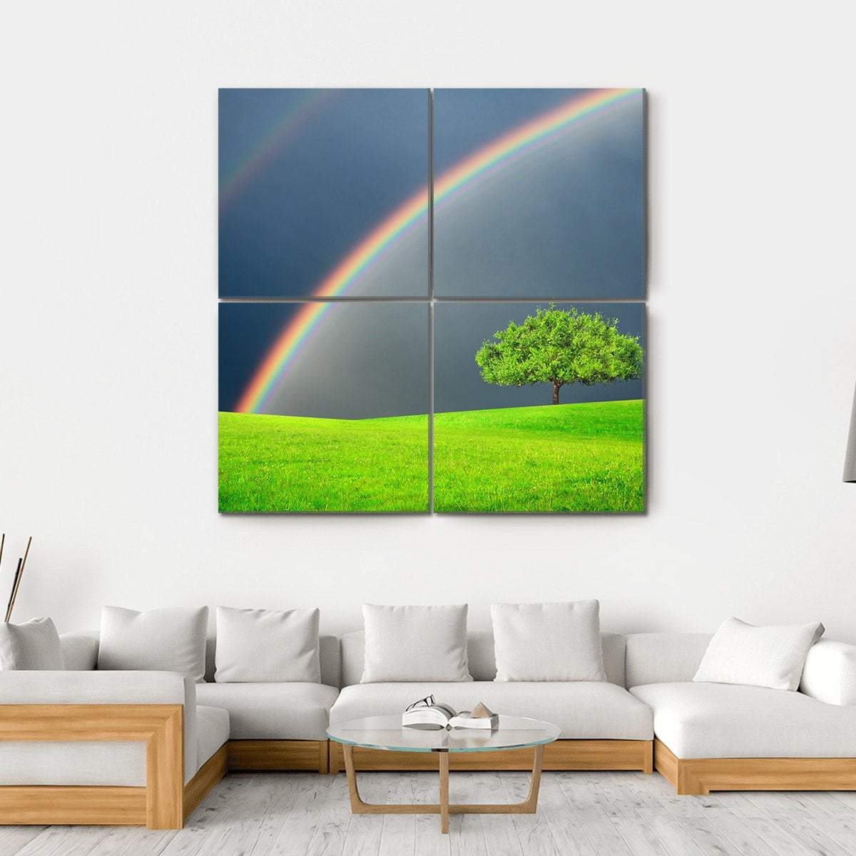 Green Field Tree & Rainbow Canvas Wall Art-4 Square-Gallery Wrap-17" x 17"-Tiaracle