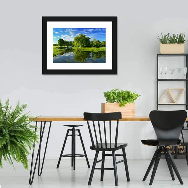 Green Fields With Lake Canvas Wall Art-3 Horizontal-Gallery Wrap-25" x 16"-Tiaracle