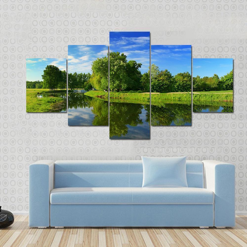 Green Fields With Lake Canvas Wall Art-5 Star-Gallery Wrap-62" x 32"-Tiaracle