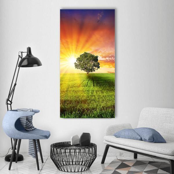 Alone Tree On Green Meadow Vertical Canvas Wall Art-1 Vertical-Gallery Wrap-12" x 24"-Tiaracle
