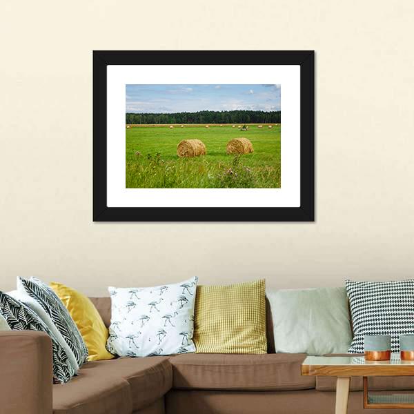 Green Meadow With Hay Rolls Canvas Wall Art-3 Horizontal-Gallery Wrap-25" x 16"-Tiaracle