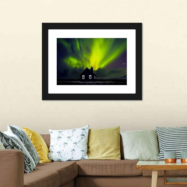 Green Northern Light Over Church Canvas Wall Art-5 Horizontal-Gallery Wrap-22" x 12"-Tiaracle