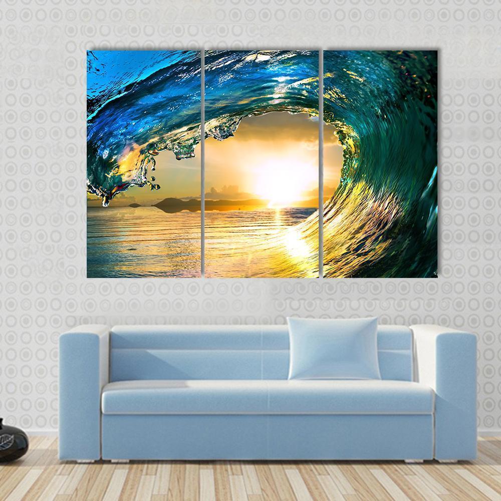 Green Ocean Wave At Sunset Canvas Wall Art-3 Horizontal-Gallery Wrap-37" x 24"-Tiaracle