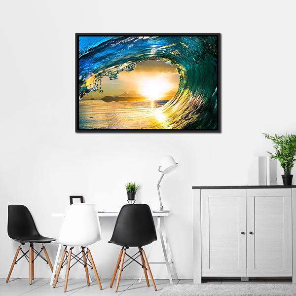 Green Ocean Wave At Sunset Canvas Wall Art-3 Horizontal-Gallery Wrap-25" x 16"-Tiaracle