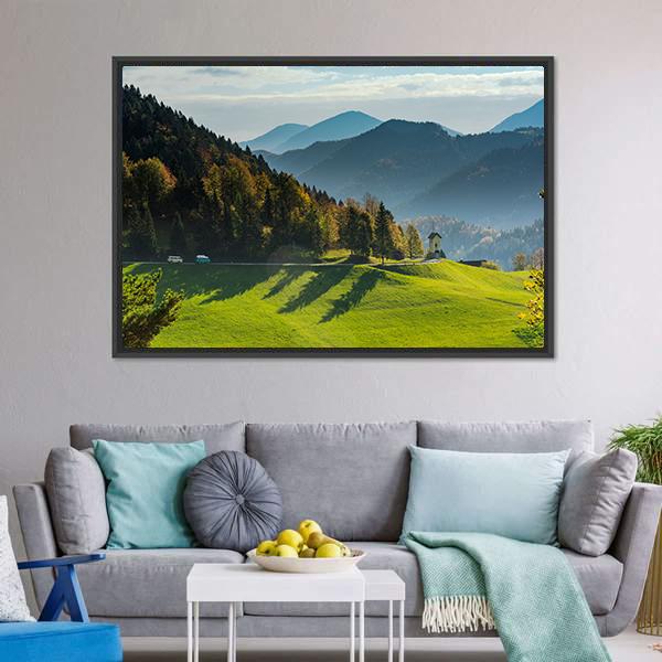 Green Pasture And Mountains Canvas Wall Art-3 Horizontal-Gallery Wrap-25" x 16"-Tiaracle