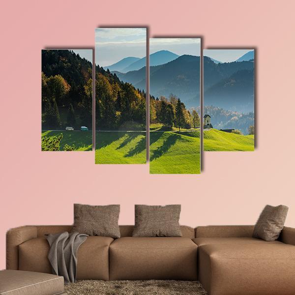 Green Pasture And Mountains Canvas Wall Art-4 Pop-Gallery Wrap-50" x 32"-Tiaracle