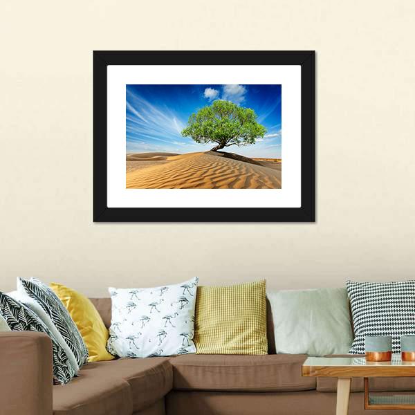 Green Tree In Desert Canvas Wall Art-3 Horizontal-Gallery Wrap-25" x 16"-Tiaracle