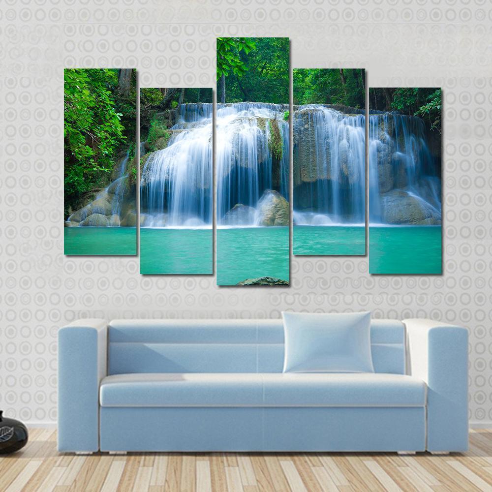 Green Waterfall Canvas Wall Art-5 Pop-Gallery Wrap-47" x 32"-Tiaracle
