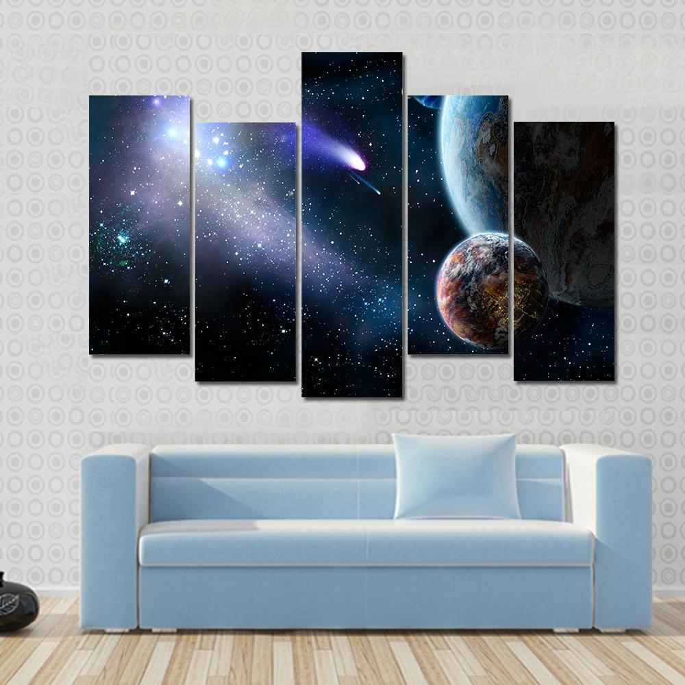 Group Of Comets Of Space Attacks Peace Planets Canvas Wall Art-5 Pop-Gallery Wrap-47" x 32"-Tiaracle