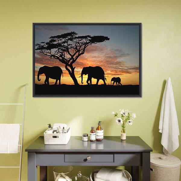 Group Of Elephant Africa Canvas Wall Art-1 Piece-Floating Frame-24" x 16"-Tiaracle