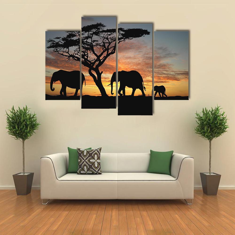 Group Of Elephant Africa Canvas Wall Art-4 Pop-Gallery Wrap-50" x 32"-Tiaracle