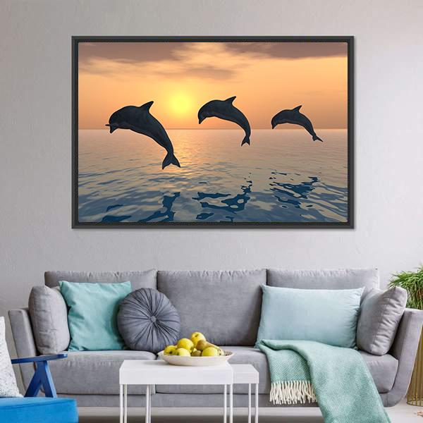Group Of Jumping Dolphins Canvas Wall Art-3 Horizontal-Gallery Wrap-25" x 16"-Tiaracle