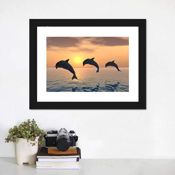 Group Of Jumping Dolphins Canvas Wall Art-1 Piece-Framed Print-20" x 16"-Tiaracle