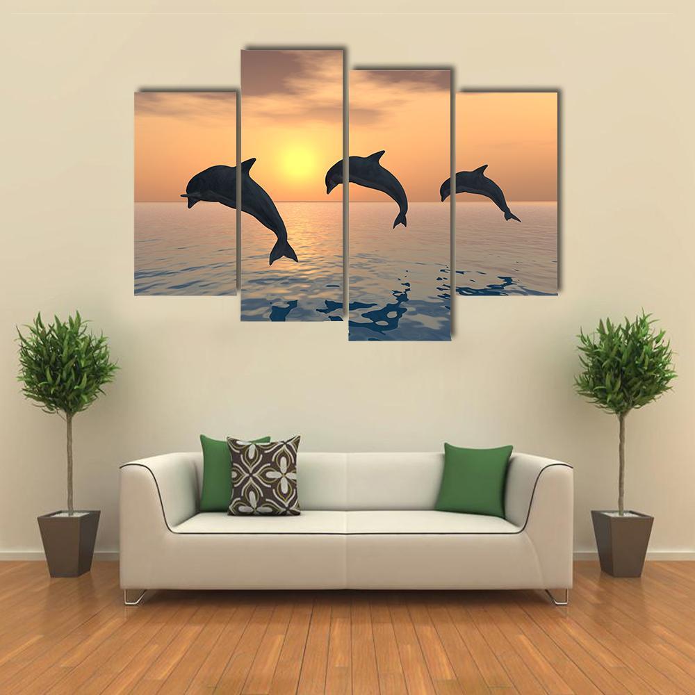 Group Of Jumping Dolphins Canvas Wall Art-4 Pop-Gallery Wrap-50" x 32"-Tiaracle
