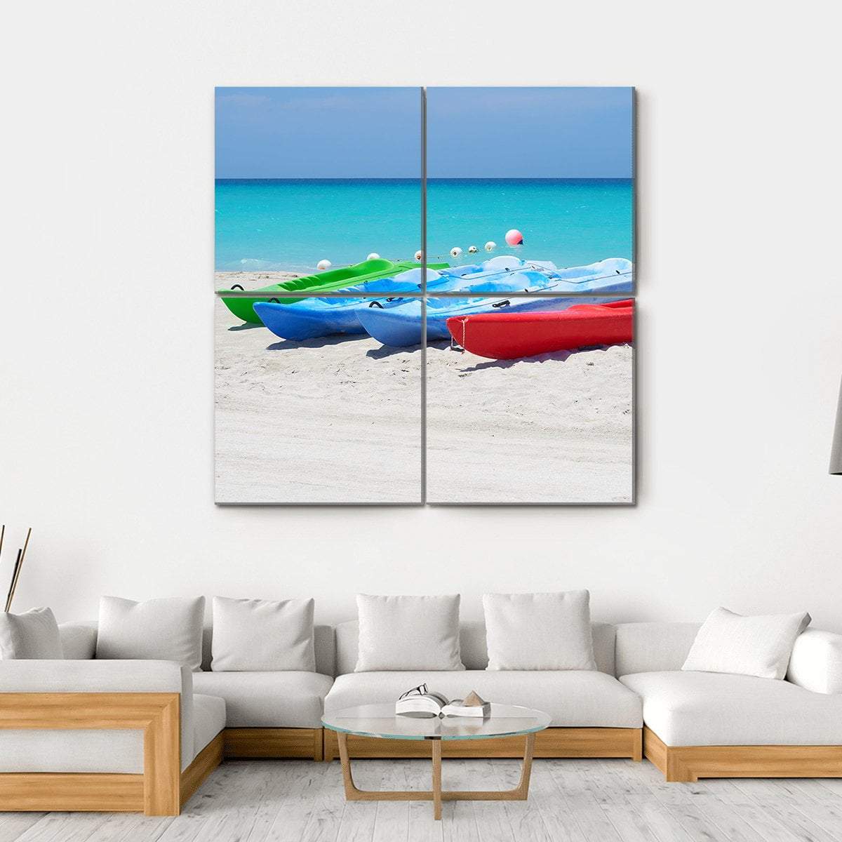 Kayaks On Beach Canvas Wall Art-4 Horizontal-Gallery Wrap-34" x 24"-Tiaracle