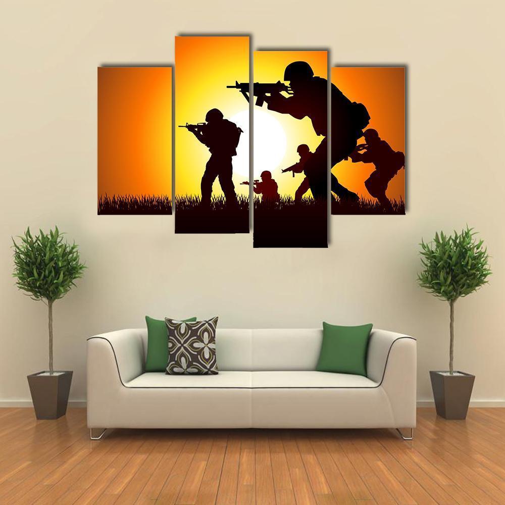 Group Of Soldiers Silhouette Canvas Wall Art-4 Pop-Gallery Wrap-50" x 32"-Tiaracle