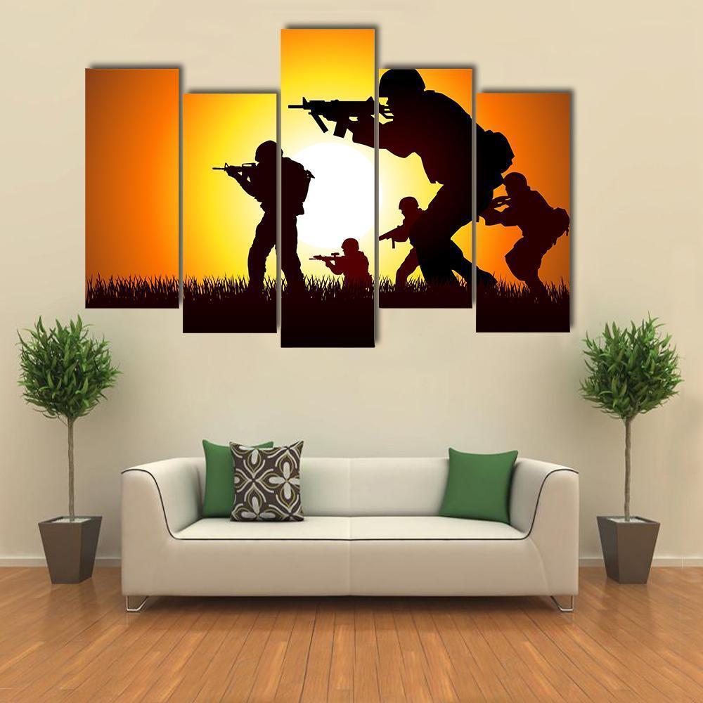 Group Of Soldiers Silhouette Canvas Wall Art-5 Pop-Gallery Wrap-47" x 32"-Tiaracle