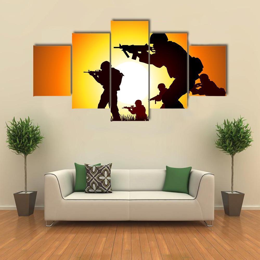Group Of Soldiers Silhouette Canvas Wall Art-5 Star-Gallery Wrap-62" x 32"-Tiaracle