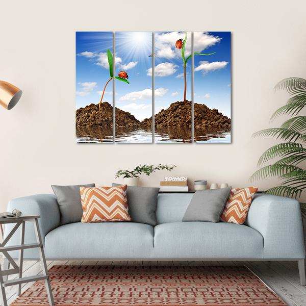 Growing Plant With Ladybugs Canvas Wall Art-4 Horizontal-Gallery Wrap-34" x 24"-Tiaracle