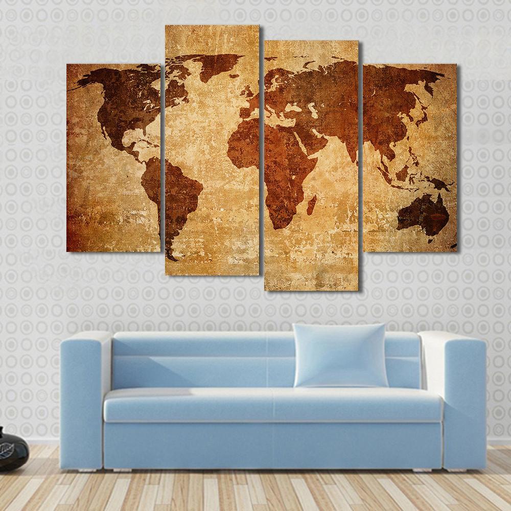 Grunge Map Of The World Canvas Wall Art-4 Pop-Gallery Wrap-50" x 32"-Tiaracle
