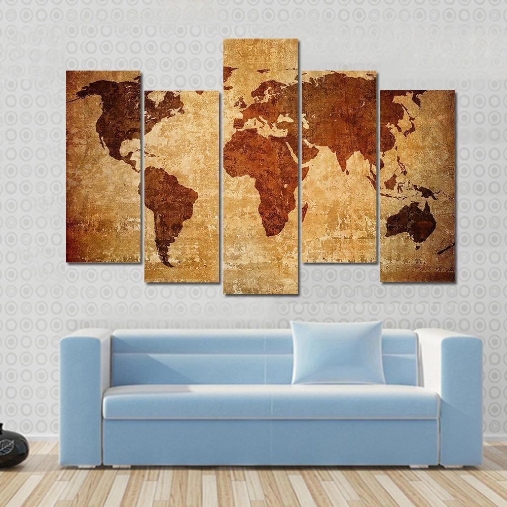 Grunge Map Of The World Canvas Wall Art-5 Pop-Gallery Wrap-47" x 32"-Tiaracle