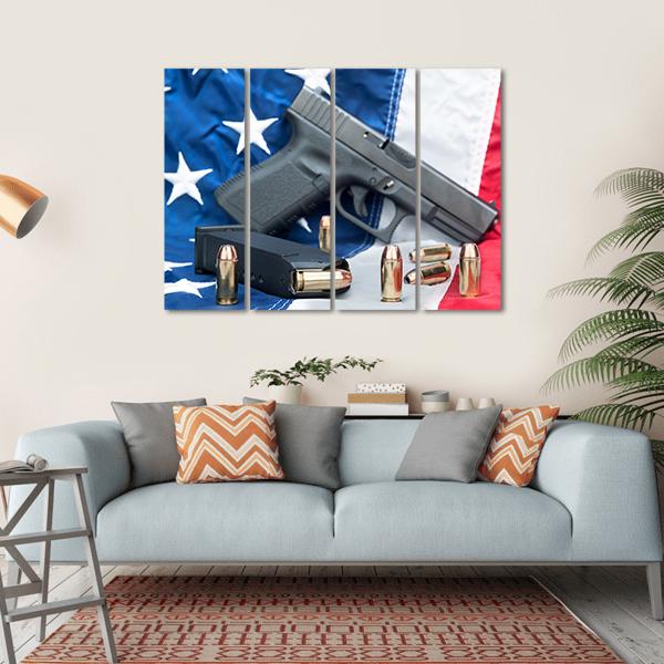Gun & Bullets On American Flag Canvas Wall Art-4 Horizontal-Gallery Wrap-34" x 24"-Tiaracle
