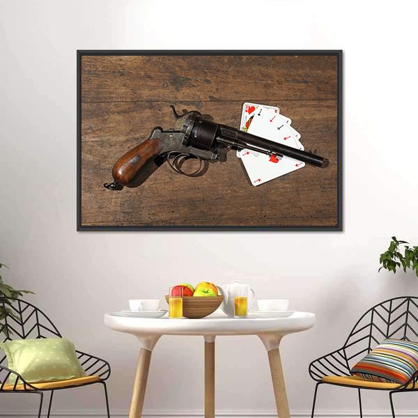 Gun & Cards On Table Canvas Wall Art-5 Horizontal-Gallery Wrap-22" x 12"-Tiaracle