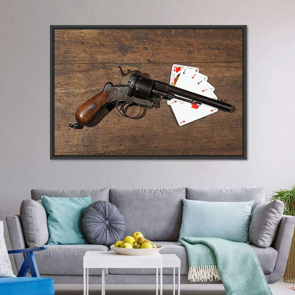 Gun & Cards On Table Canvas Wall Art-5 Horizontal-Gallery Wrap-22" x 12"-Tiaracle