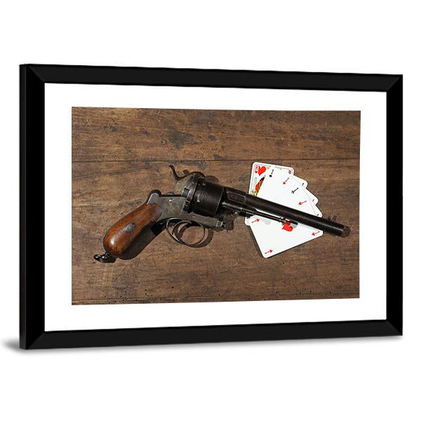 Gun & Cards On Table Canvas Wall Art-5 Horizontal-Gallery Wrap-22" x 12"-Tiaracle