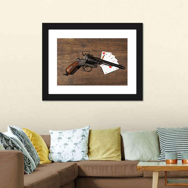 Gun & Cards On Table Canvas Wall Art-5 Horizontal-Gallery Wrap-22" x 12"-Tiaracle