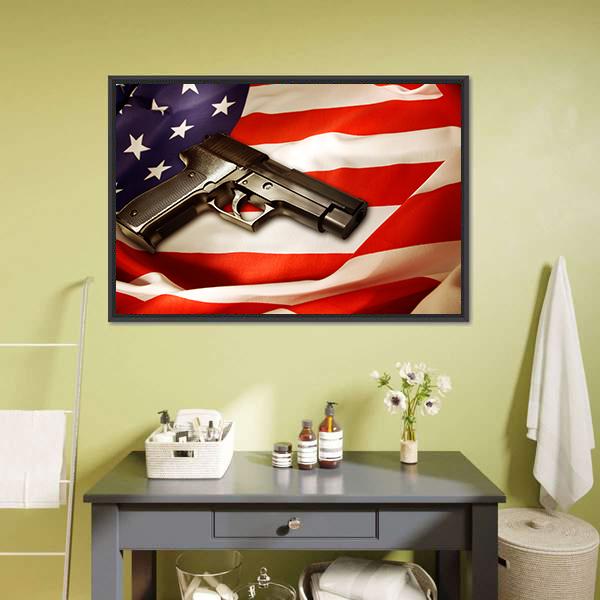 Gun Lying On American Flag Canvas Wall Art-1 Piece-Floating Frame-24" x 16"-Tiaracle